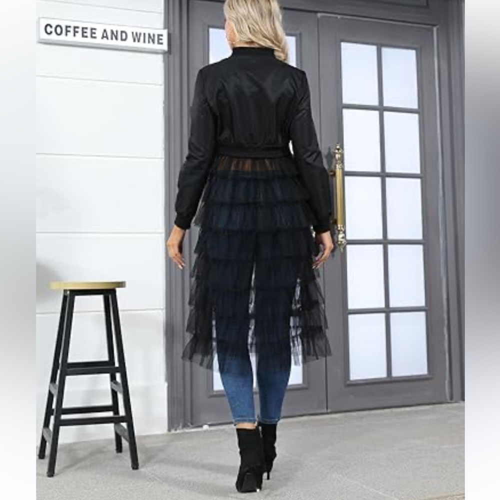 Zip up Long Bomber Jacket Tiered Mesh Black Tulle Layered Dress - Picture 8 of 10